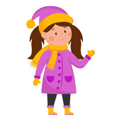 Cute little girl in warm clothes and a scarf in winter. Vector illustration.