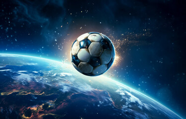 Fototapeta premium Soccer ball on the background of the planet Earth. Football championship concept