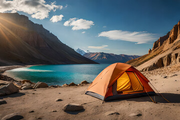camping tent in the wild nature  , outdoor activity - obrazy, fototapety, plakaty