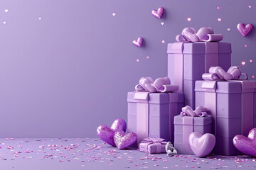 Valentine's Day greeting card design. Purple gift boxes with hearts and copy space on purple background. 3D