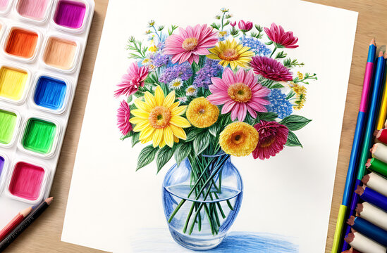drawing of flowers in a vase on a white sheet, next to paint