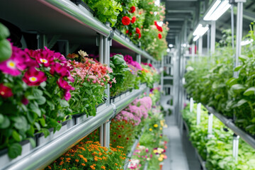 Fototapeta na wymiar Flowers growing in a pots in a greenhouse 