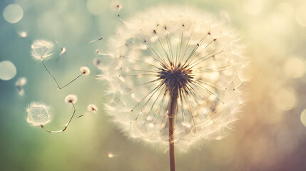 Whimsical Flurry: Dandelion Seeds Parachuting in Abstract Nature Bokeh Pattern