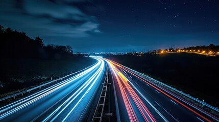 Fototapeta na wymiar long exposure photo of a highway at night, vibrant, generative ai
