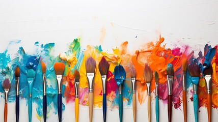 An array of colorful paintbrushes with bright paint splatters on a white canvas - obrazy, fototapety, plakaty
