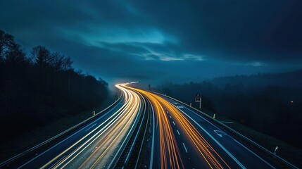 Fototapeta na wymiar long exposure photo of a highway at night, vibrant, generative ai