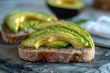 Avocado toast on a stone board. Healthy breakfast. Vegetarian food.