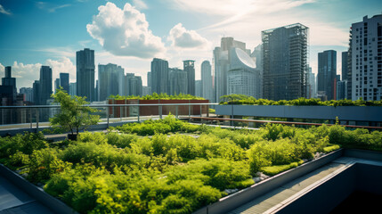 Fototapeta premium Green rooftop park in urban environment with skyline background