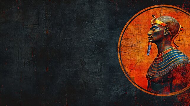 Vibrant Illustration of Philosopher Imhotep in Round Frame on Dark Canvas with Space for Text