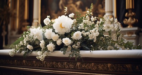 The Poignant Elegance of White Floral Arrangements on a Funeral Casket in a Church