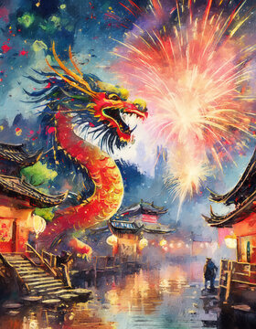 Chinese dragon and fireworks in the sky above an old chinese village celebrating the asian new year with the 2024 character symbol. Conceptual festive painting scene