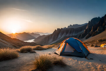 camping tent in the canyon at sunset  , outdoor activity - obrazy, fototapety, plakaty