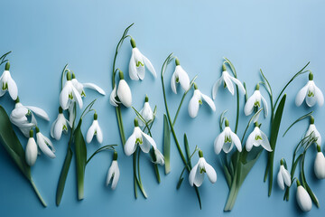 Creative layout made with snowdrop flowers on a blue background, minimalistic background