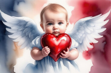 Little angel baby holding a red heart in his hands. Valentine's Day - obrazy, fototapety, plakaty