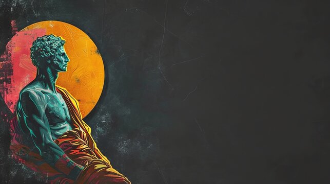 Vibrant Illustration of Philosopher Seneca in Round Frame on Dark Canvas with Space for Text