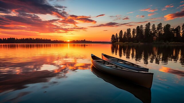 Tranquil lake with colorful canoes resting on the calm water at sunset