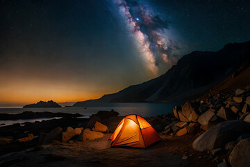  brught lighten tent in the wilderness ,night camping under magnifiscient nebula