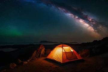 Zelfklevend Fotobehang  brught lighten tent in the wilderness ,night camping under magnifiscient nebula © eric
