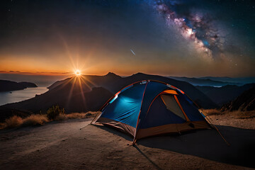  brught lighten tent in the wilderness ,night camping under magnifiscient nebula - obrazy, fototapety, plakaty