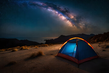  brught lighten tent in the wilderness ,night camping under magnifiscient nebula - obrazy, fototapety, plakaty