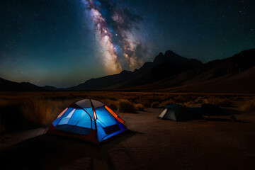  brught lighten tent in the wilderness ,night camping under magnifiscient nebula - obrazy, fototapety, plakaty