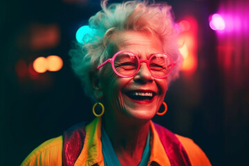 Happy elderly woman, grandmother in fancy sunglasses. The youth of her soul. Generative AI