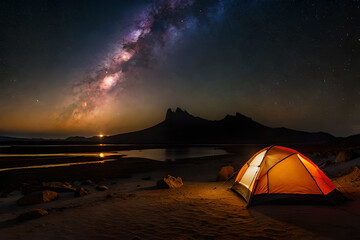  tent in the nature at night , camping under a starry sky - obrazy, fototapety, plakaty