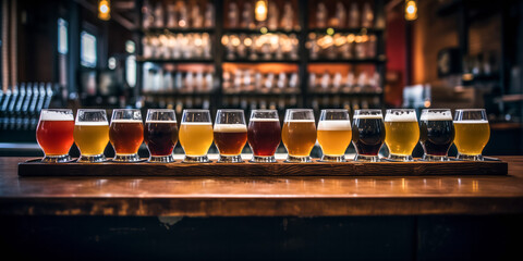 Assorted craft beer flight on wooden bar counter - obrazy, fototapety, plakaty