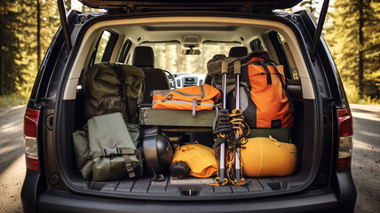 Car trunk neatly packed with bags and gear for an adventurous road trip