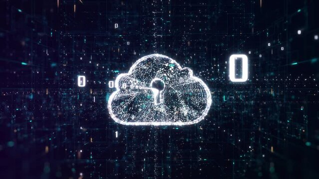 Cloud computing concept. A glowing cloud with a keyhole, symbolizing cloud storage security, amidst a digital space filled with binary code.