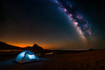  wild camping at  night  under a wonderful nebulae - obrazy, fototapety, plakaty