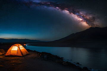  tent in the wilderness ,night camping under a starry sky