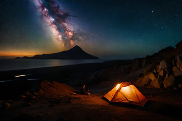 Fototapeta na wymiar tent in the wilderness ,night camping under a starry sky