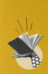 Contemporary art collage. Human hand holding open book over yellow background. Educational services...