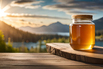 honey jar in a natural landscape , rustic and wooden ambiance - obrazy, fototapety, plakaty