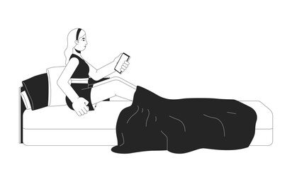 Girl with phone in messy bed black and white 2D line cartoon character. Blonde caucasian woman holding smartphone isolated vector outline person. Doomscrolling monochromatic flat spot illustration