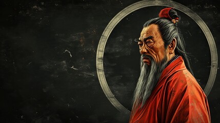 Confucius, Ancient Chinese Philosopher, in Round Frame on Dark Canvas with Space for Text - obrazy, fototapety, plakaty