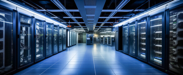 Futuristic data center hallway with illuminated server cabinets