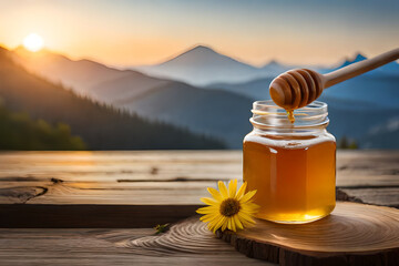 honey jar in a natural landscape , rustic and wooden ambiance - obrazy, fototapety, plakaty