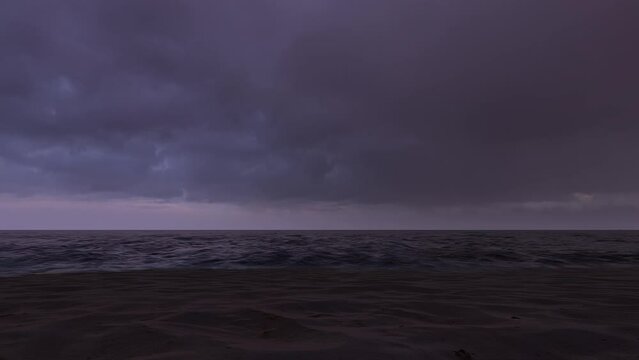 Dark clouds sky after sunset over a paradise sand beach. HQ QHD Seamless looped Time Lapse 3d animation.