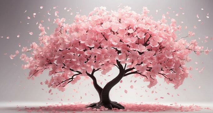 A stunning, elegant cherry blossom tree in full bloom, with delicate pink petals cascading down in a gentle breeze - Generative AI