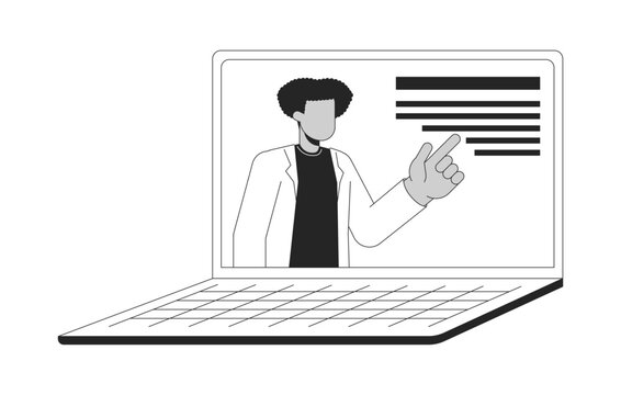 Virtual teacher laptop black and white 2D line cartoon object. Seminar e-learning. Online lecturer notebook isolated vector outline item. Distance lecture webinar monochromatic flat spot illustration