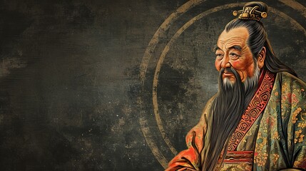 Illustration of Philosopher Confucius in Round Frame on Dark Canvas - obrazy, fototapety, plakaty