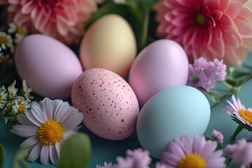 Obraz na płótnie Canvas Easter colourful eggs with spring flowers 
