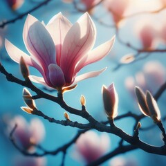Illustration of a fresh magnolia flower on a tree branch against a blue sky. Spring concept. 