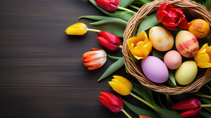 Colourful Easter eggs in a basket with tulip flowers, top view, spring Easter banner 