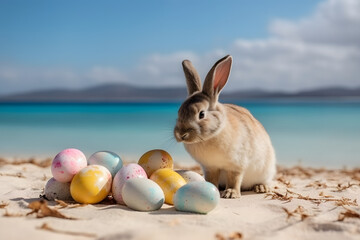 Easter bunny with easter eggs on the real beautiful beach