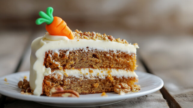 Nahaufnahme. Ein St&uuml;ck Karottenkuchen mit Frosting, Marzipan M&ouml;hre und Walln&uuml;ssen dekoriert. Leckerer Osterkuchen