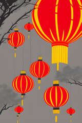 Chinese red lanterns hanging from the trees in the sacred garden for a cultural Asian lunar new year festive party Concept Comic style