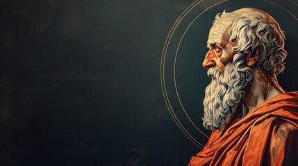 Philosopher Epicurus Illustrated in Round Frame on Dark Canvas with Space for Text - obrazy, fototapety, plakaty